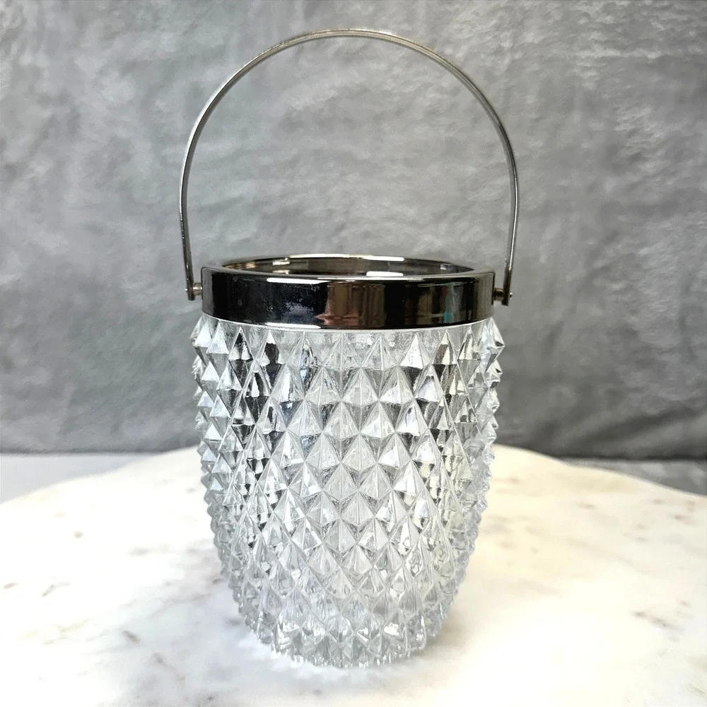 Vintage‎ English Cut Glass Ice Bucket Silver Rim Swing Handle Diamond Point Bar